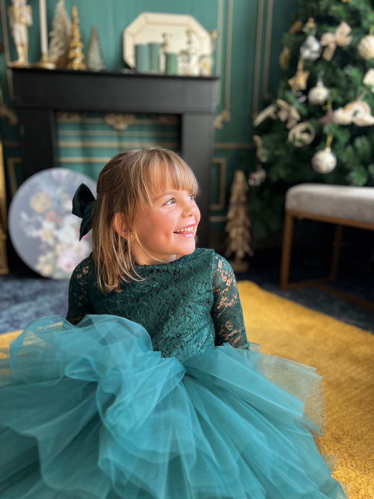 Robe dentelle et tulle vert foncé
