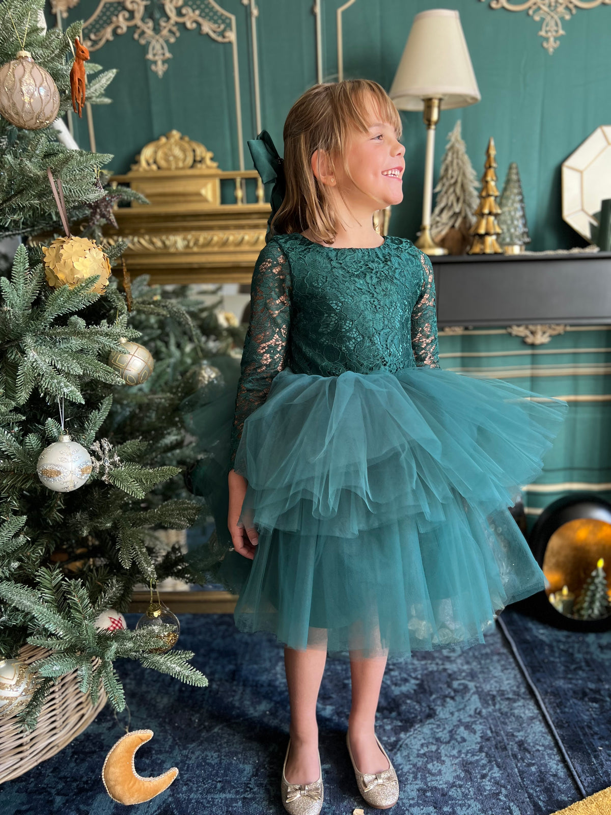 Robe dentelle et tulle vert foncé