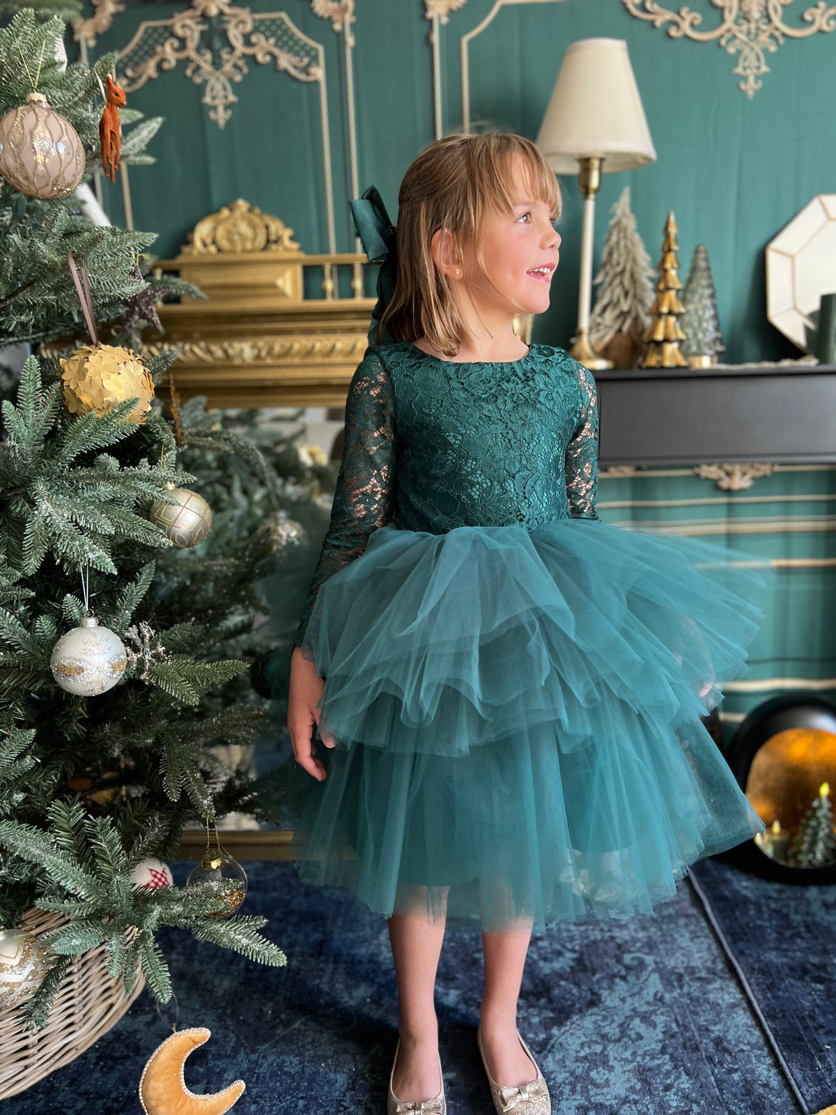Robe dentelle et tulle vert foncé