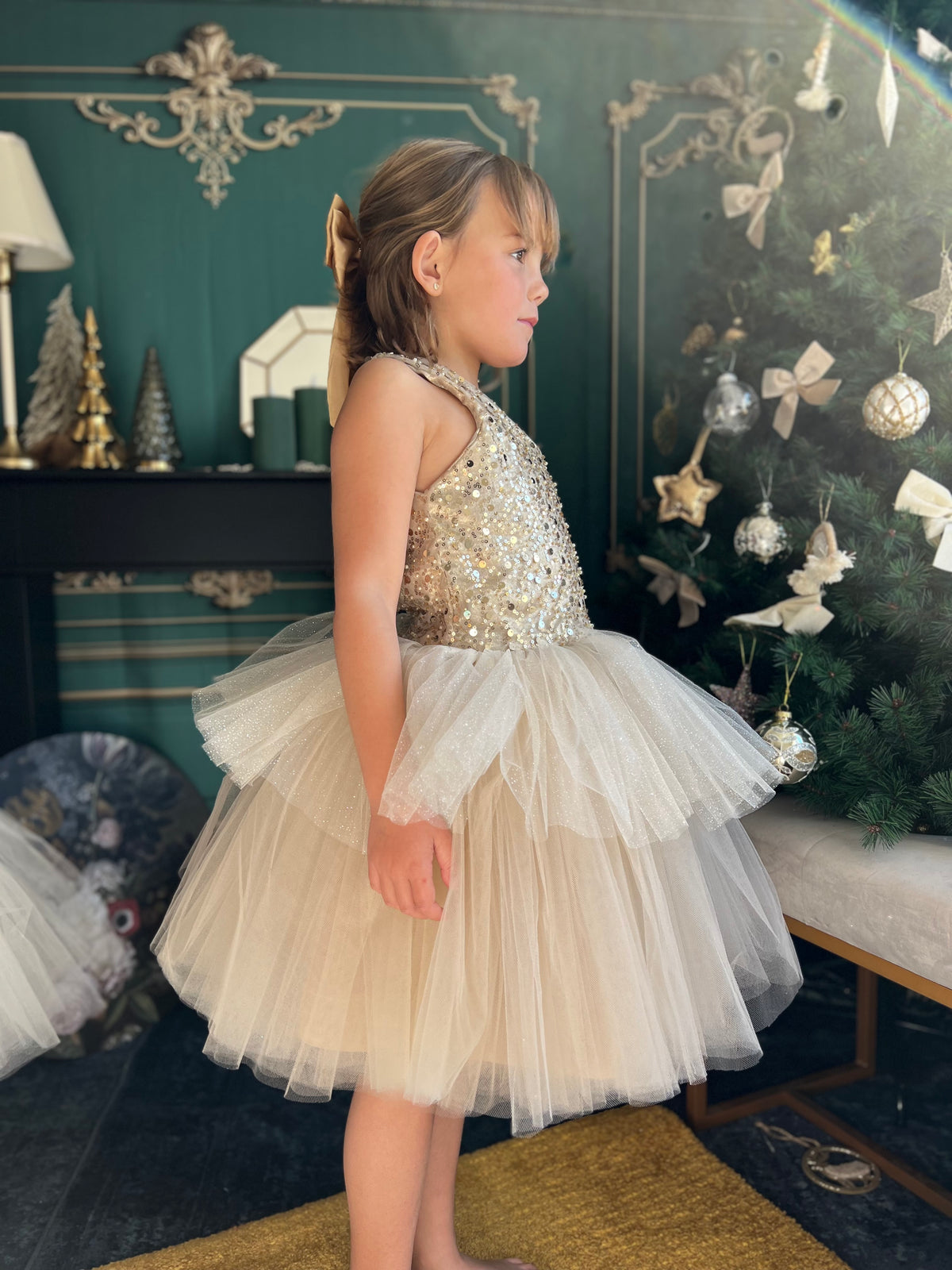 Robe perlée or, volant tulle paillettes et tutu
