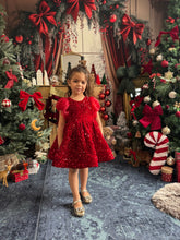 Charger l&#39;image dans la galerie, Robe velours rouge sequin et manches ballon en organza