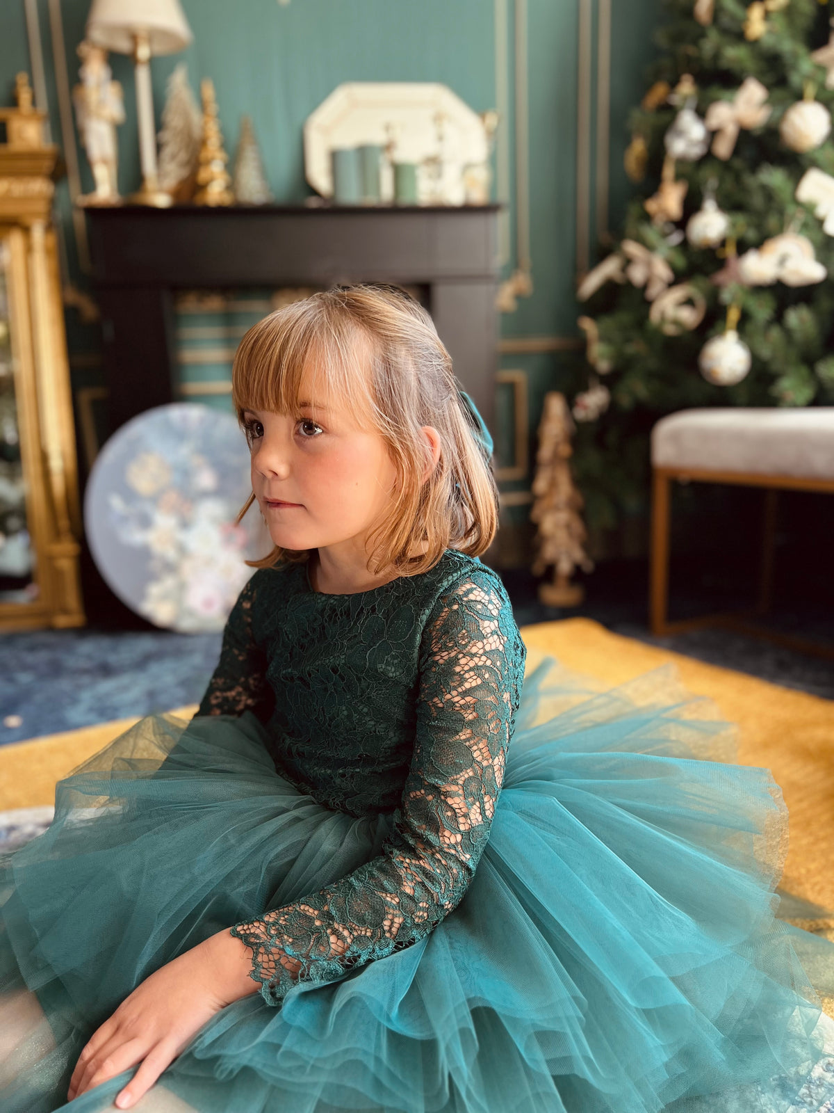 Robe dentelle et tulle vert foncé