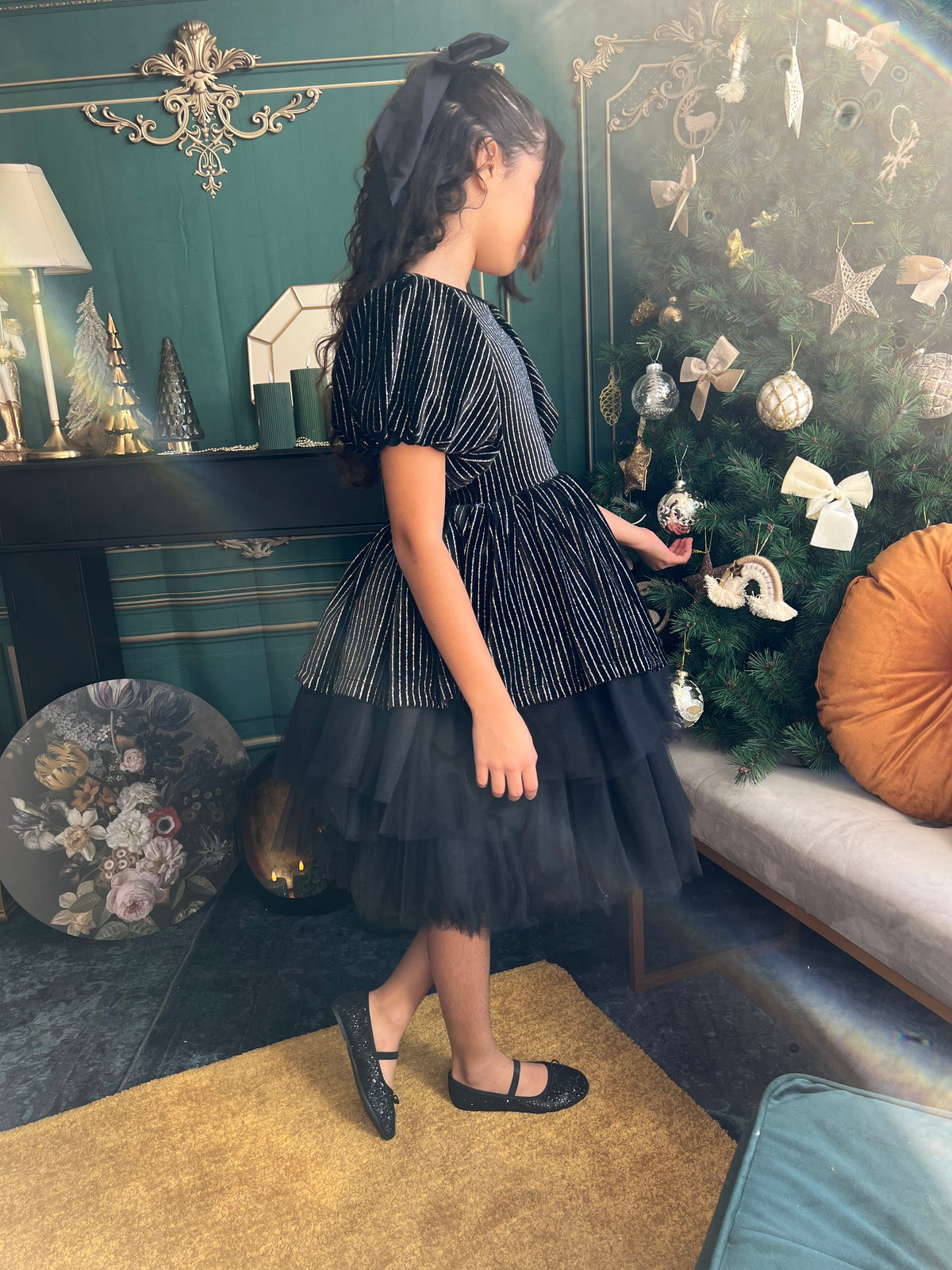 Robe en velours noir et argent