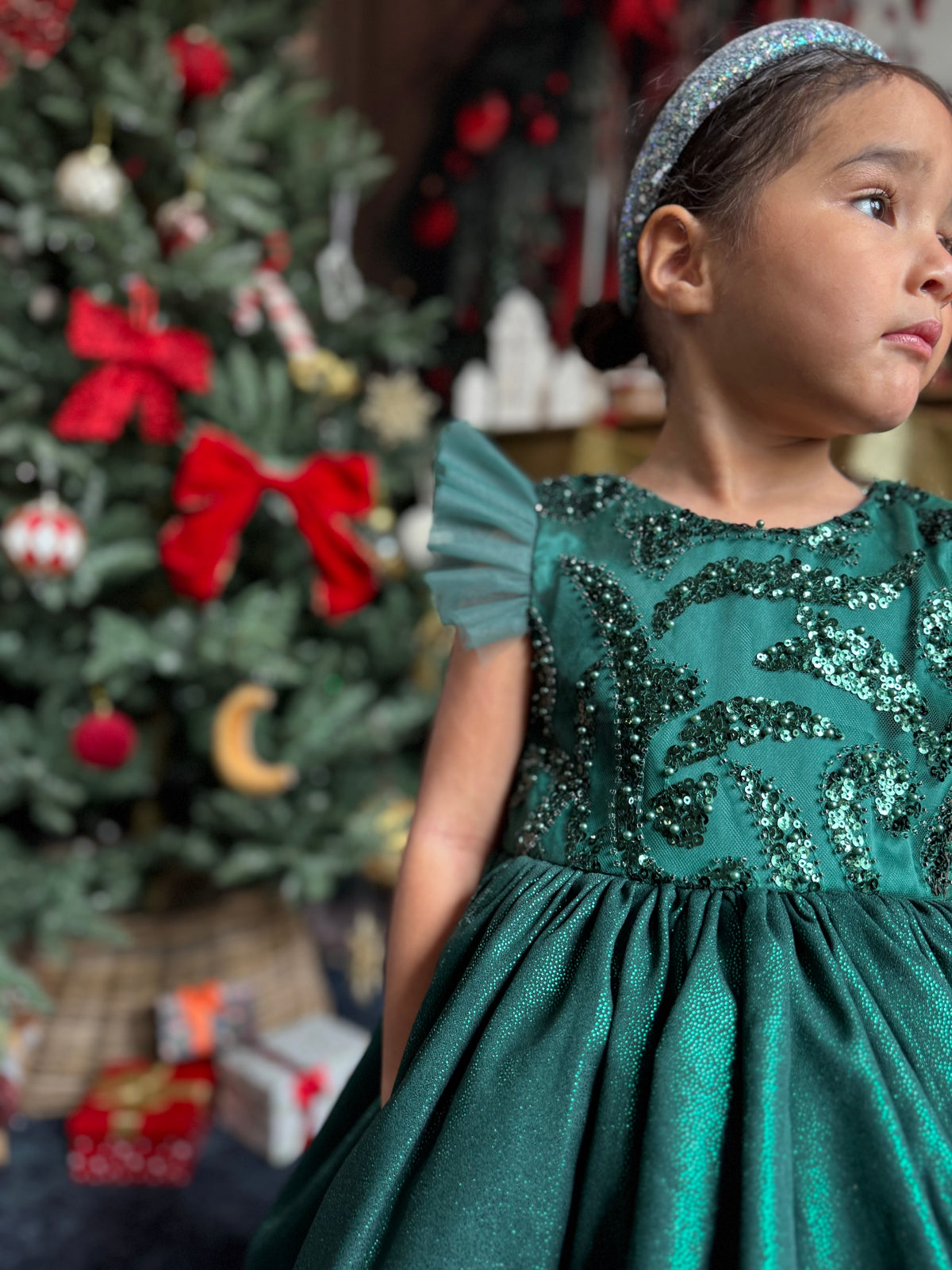 Robe émeraude tulle perlé