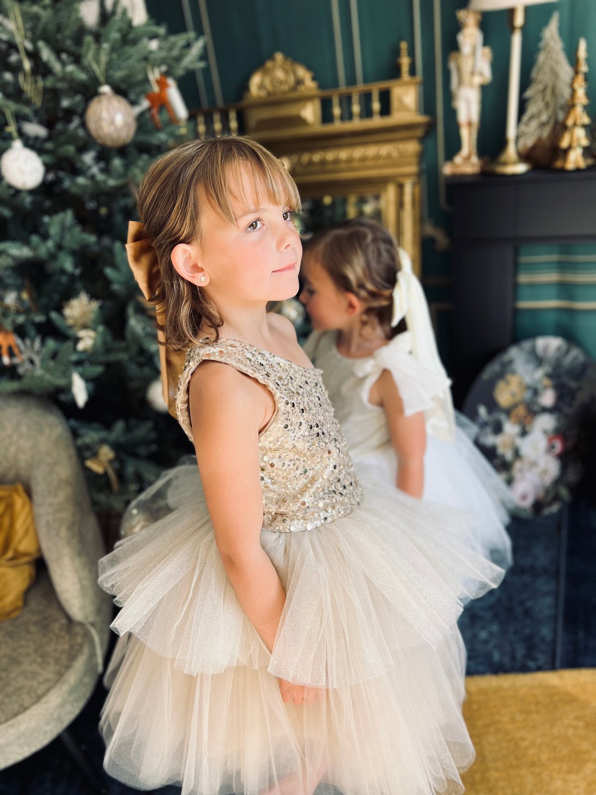 Robe perlée or, volant tulle paillettes et tutu