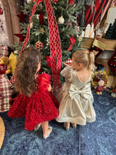 Charger l&#39;image dans la galerie, Robe velours rouge sequin et manches ballon en organza