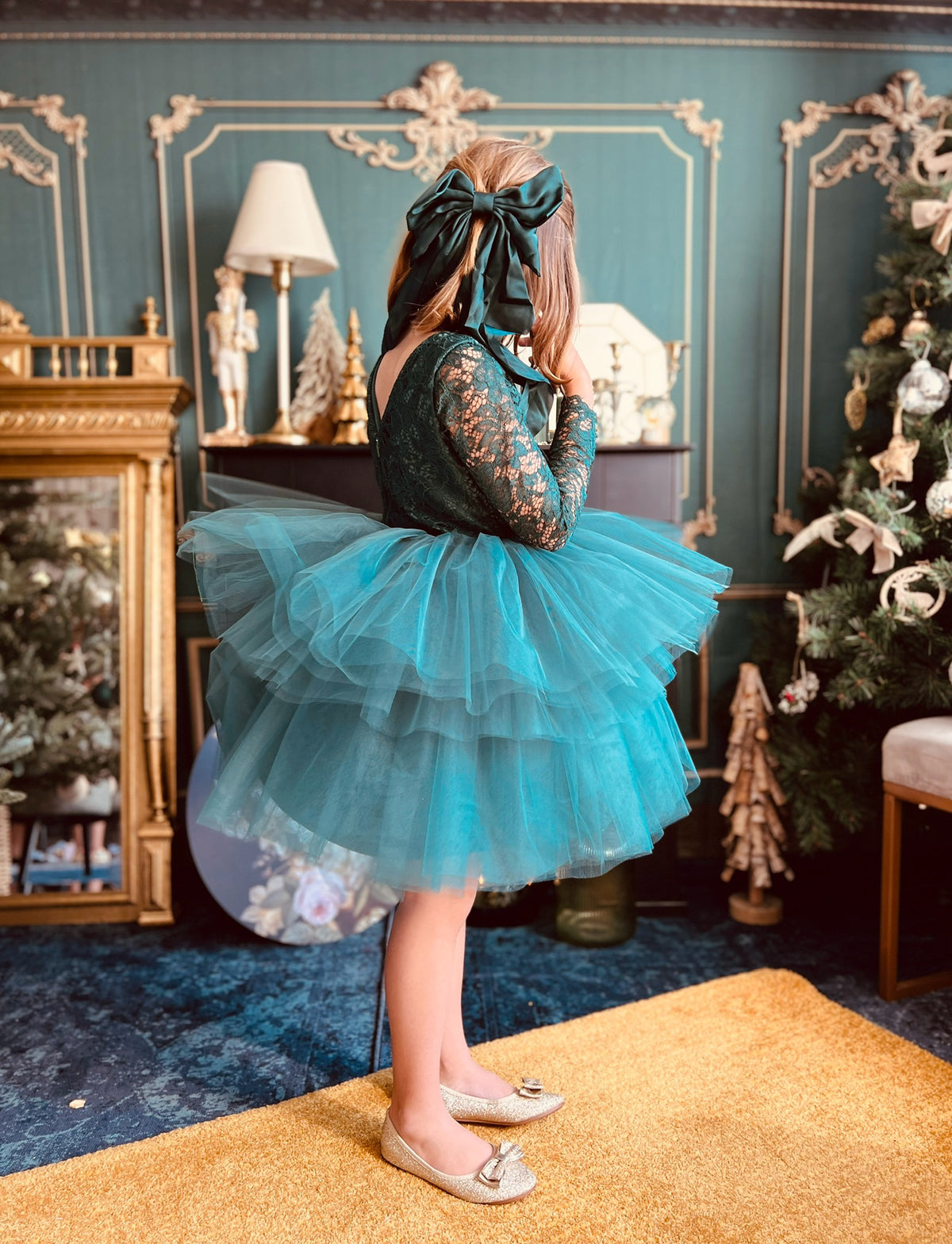 Robe dentelle et tulle vert foncé