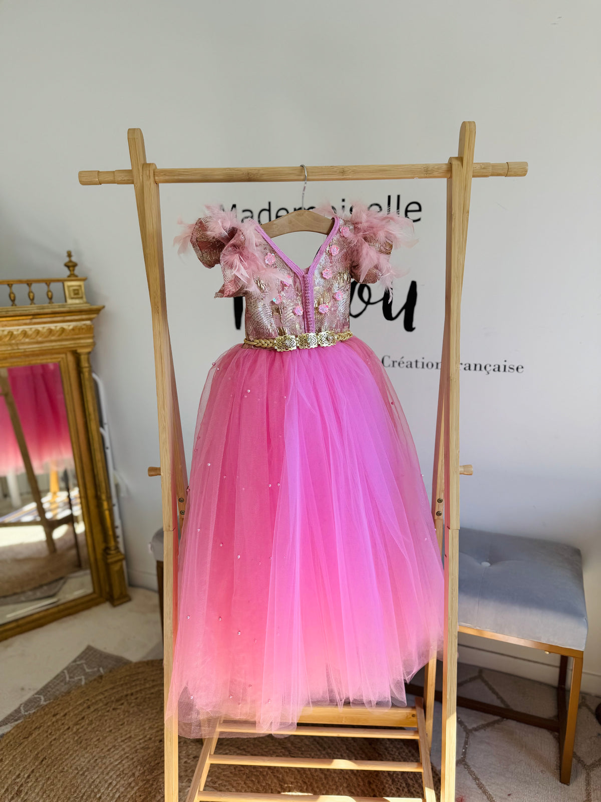 Caftan brocart rose bonbon