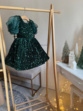 Charger l'image dans la galerie, Robe velours rouge sequin et manches ballon en organza