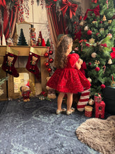 Charger l&#39;image dans la galerie, Robe velours rouge sequin et manches ballon en organza