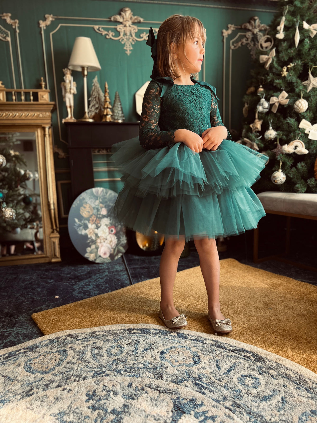 Robe dentelle et tulle vert foncé