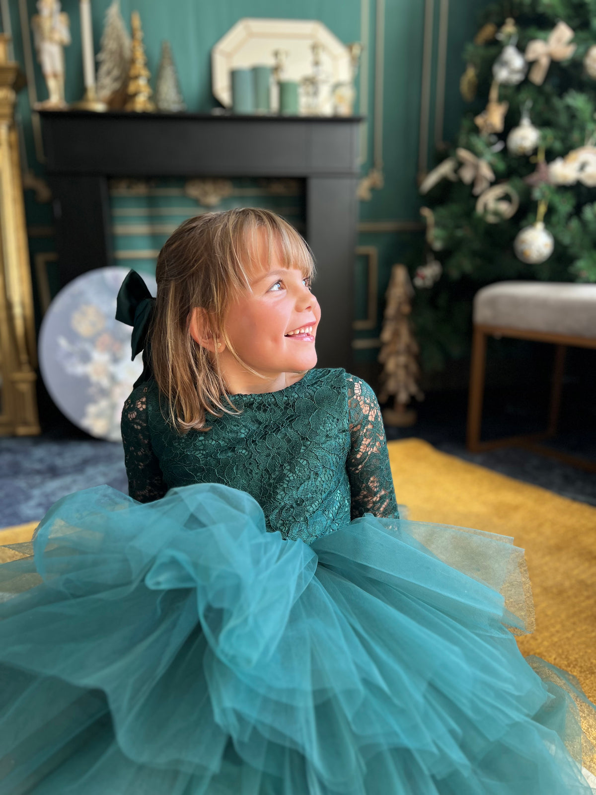 Robe dentelle et tulle vert foncé